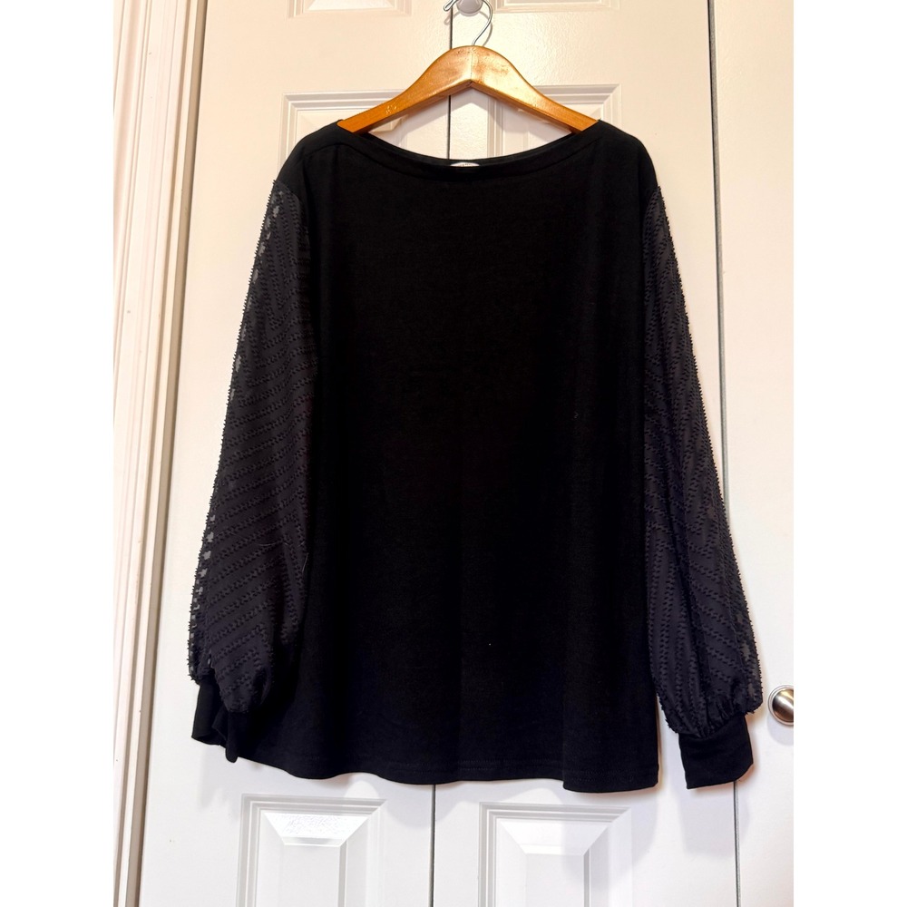 Amaryllis Black Sheer Chevron Balloon Sleeve Knit Top XL Boat Neck Relaxed Fit
